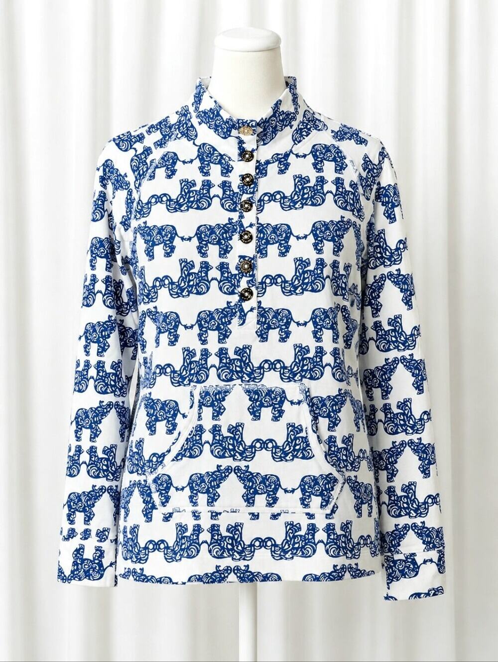 Lilly Pulitzer Blue White Pack Your Trunks Elephant Half Button Captain Popover